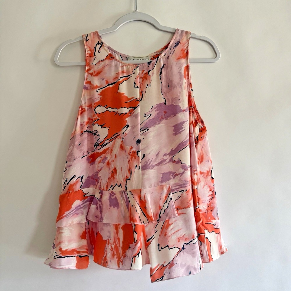 Katharine Kelly Collection 100% Silk Layla Blouse M Blush Peach Abstract Ruffle